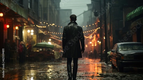 An Italian undercover agent wearing a black tuxedo and trench coat enters a dark and dangerous-looking alley.