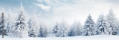 Wide panorama of pine trees and snow field after snowfall in winter © evening_tao