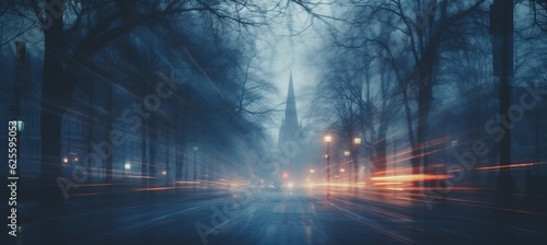 City street foggy night scene background. Motion blur effect. Generative AI technology. © Hero Design
