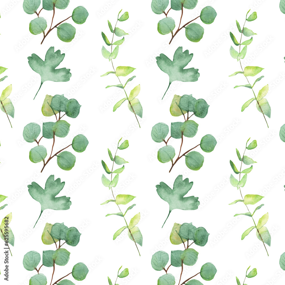 Seamless pattern green leaves trees and branches, foliage of natural branches, green leaves, herbs, tropical plants hand drawn watercolor on white background. Seamless pattern green leaves trees and branches, foliage of natural branches, green leaves, herbs, tropical plants hand drawn watercolor on white background.