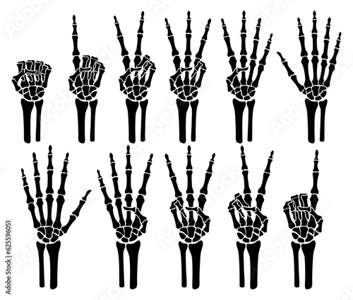 Skeleton bone hand counting number of fingers sign illustrations.