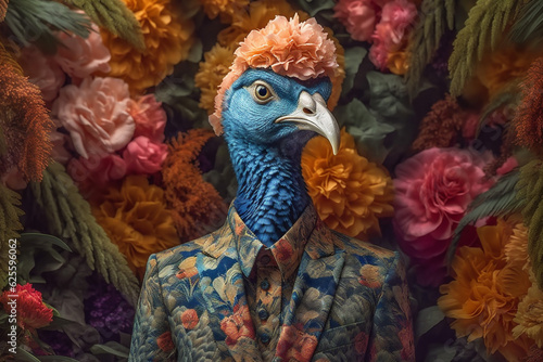 woman bird feathers face young fashion glamour peacock jungle beautiful beauty. Generative AI. © VICHIZH