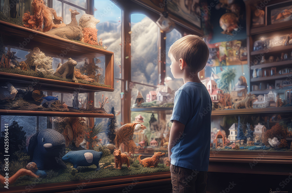 a little boy looking at toys inside a toy store, generative AI