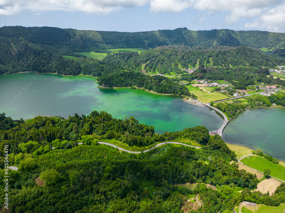 Fototapeta premium Sete Cidades Aerial View. Natural lanscape in Sao Miguel, Azores. Portugal.
