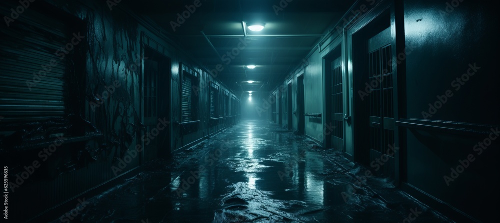 Fototapeta premium Abandoned tunnel corridor melancholic dark background. Generative AI technology. 