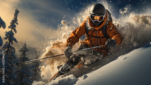 Photo of a man skiing down a snowy slope.