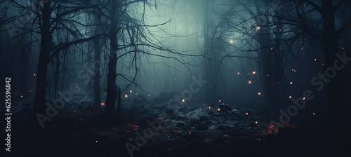 Foggy forest and fireflies shine on melancholic dark night scene. Generative AI technology. 
