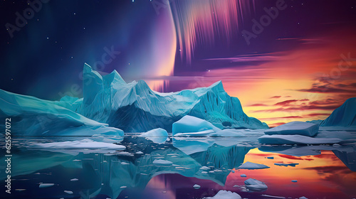 Celestial Encounters - The Spellbinding Beauty of Northern Lights and Icebergs Mirrored in Tranquil Waters.