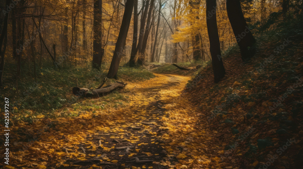 forest path in autumn with yellow leaves on the trees.