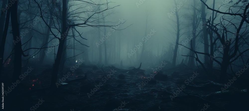 Woods forest horror melancholic dark night background. Generative AI technology.	