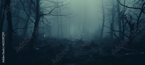 Woods forest horror melancholic dark night background. Generative AI technology. 