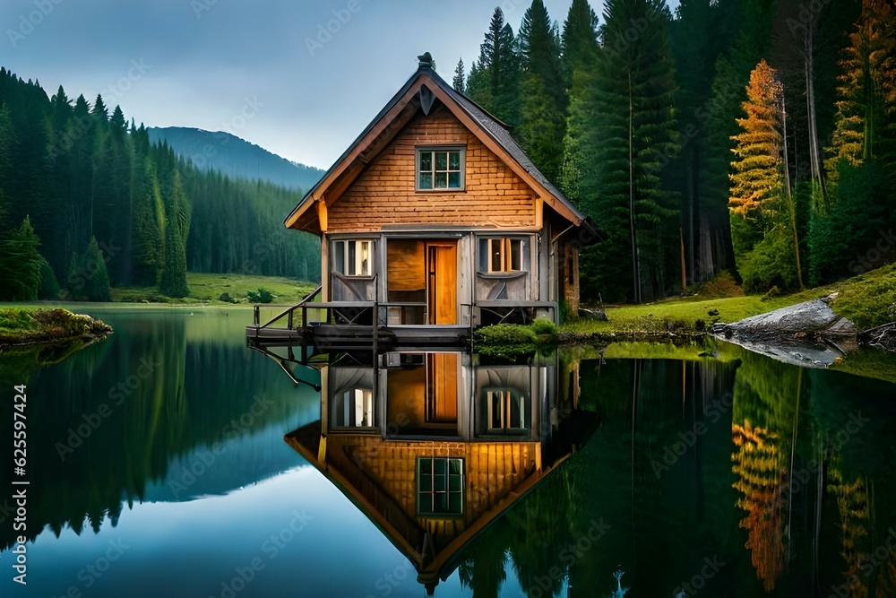 Obraz premium house on the lake generated Ai