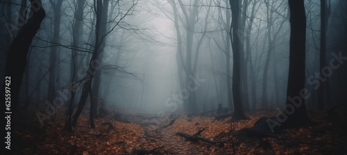 Foggy autumn forest melancholic background. Generative AI technology. 