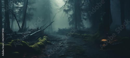 Forest path melancholic dark night background. Generative AI technology. 