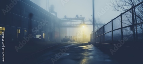 Industrial area logistic warehouse building on melancholic foggy background. Generative AI technology.