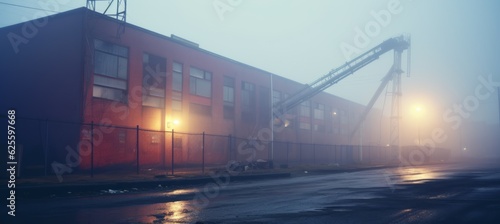 Empty industrial area building on melancholic foggy background. Generative AI technology.