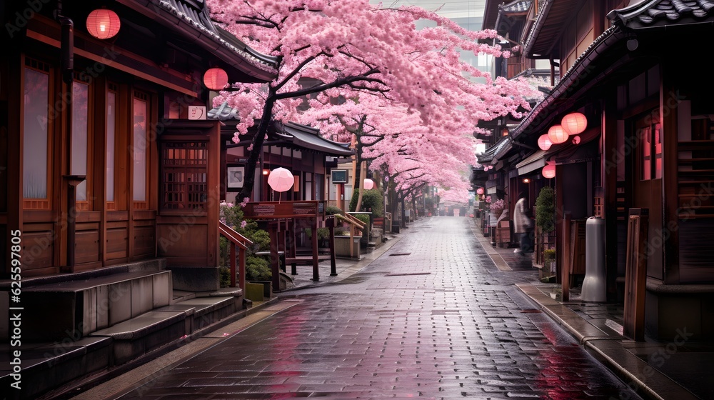 View of Japanese Kyoto with flourishing cherry blossoms. Sakura season