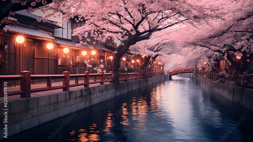 Fototapeta premium View of Japanese Kyoto with flourishing cherry blossoms. Sakura season