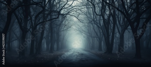 Foggy forest path melancholic dark background. Generative AI technology. 