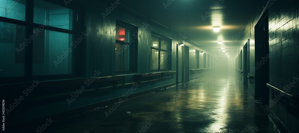 Haunted old hospital corridor melancholic dark background. Generative AI technology.