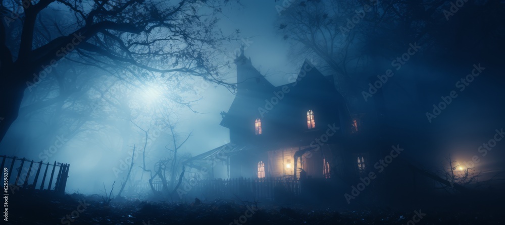 Haunted house on dark night melancholic scene with moon lights trough the fog. Generative AI technology.