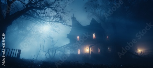 Haunted house on dark night melancholic scene with moon lights trough the fog. Generative AI technology.