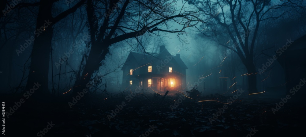 Haunted house in the middle of  foggy dark forest night melancholic background. Generative AI technology.
