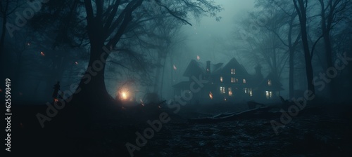 Creepy house on foggy dark night melancholic background. Generative AI technology.