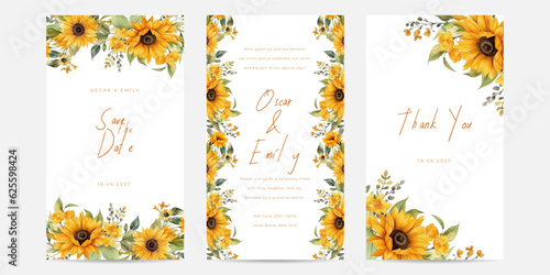 Beautiful yellow sunflowers wreath wedding invitation card template. Floral watercolor background