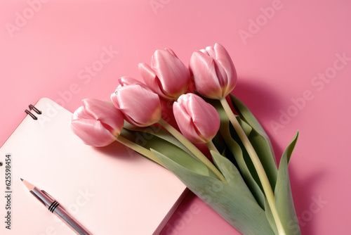 Bouquet of pink tulips and empty notebook. Spring flowers lie on opened notepad. Ai generated. © zamuruev