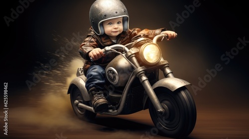 Funny baby romping on the bike. Generative AI