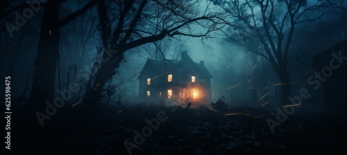 Haunted house in the middle of  foggy dark forest night melancholic background. Generative AI technology. © Hero Design