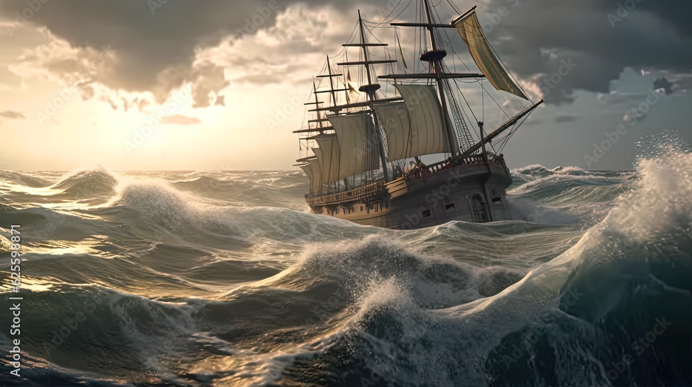 Fototapeta premium Ship in the stormy sea with huge waves. Giant stormy waves in the ocean and boat. Generated AI.