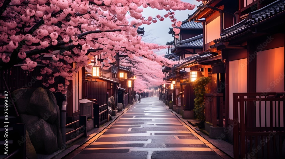 View of Japanese Kyoto with flourishing cherry blossoms. Sakura season