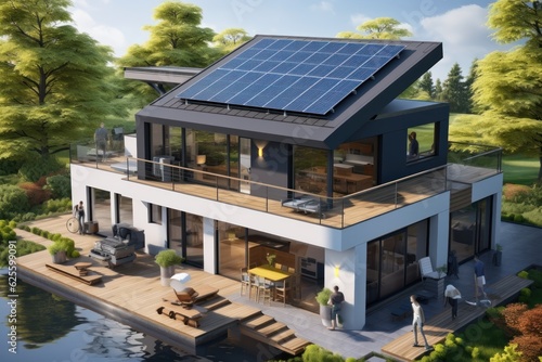 House with Solar Panels. Eco Friendly Community. Environmental and green urban society. Sustainable community . Renewable energy transition concept. Made With Generative AI.  © John Martin