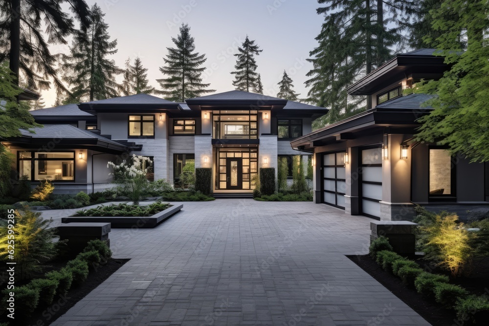 A spacious and extravagant customized residence, complete with a beautifully designed front yard and driveway leading to a garage, situated in the suburban area of Vancouver, Canada.