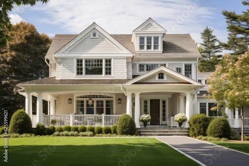Suburban dream home with a New England style, featuring a beige color scheme. © 2rogan