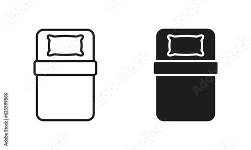 Single Bed Line and Silhouette Black Icon Set. Single Room in Hotel, Motel, Hostel Sign. Type of Bed. Pillow and Blanket Symbol Collection on White Background. Isolated Vector Illustration