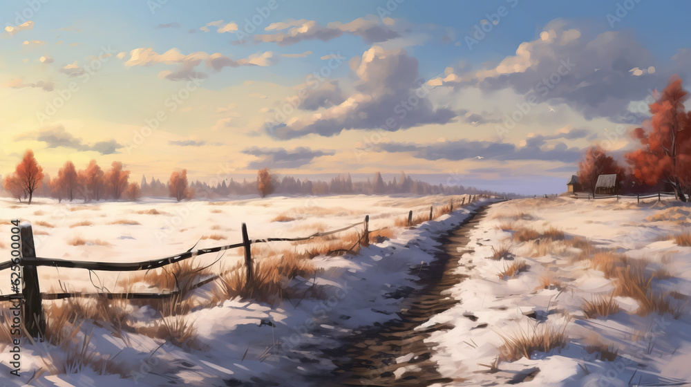 Road through the field general plan. Digital painting by AI