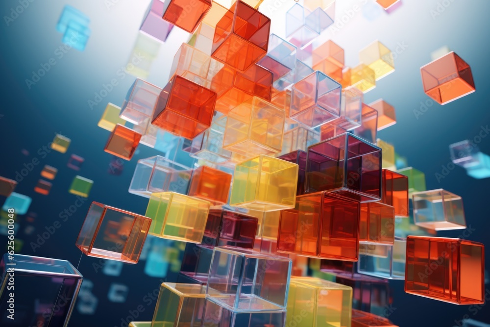 Abstract colorful background with installation of transparent cubes, 3d ...
