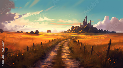 Road through the field general plan. Digital painting by AI