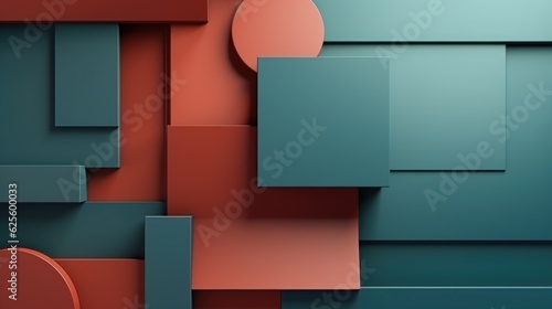 Fototapeta Naklejka Na Ścianę i Meble -  Abstract minimal geometric installation with red and green geometric shapes on the front wall. 3d rendering illustration, AI generated image