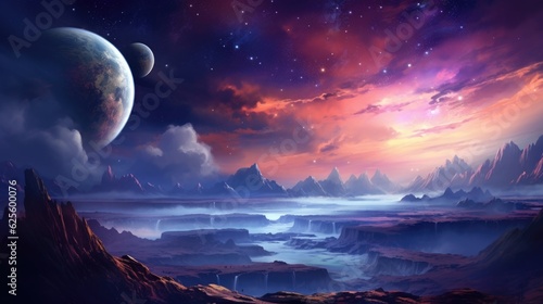 Fantastic landscape of rocky planet terrain under colorful sky with stars and other planets, sci-fi illustration