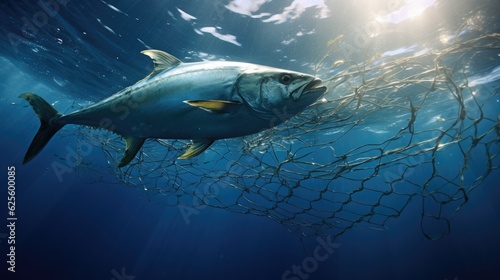 Underwater view with big tuna fish and fishing net on a background