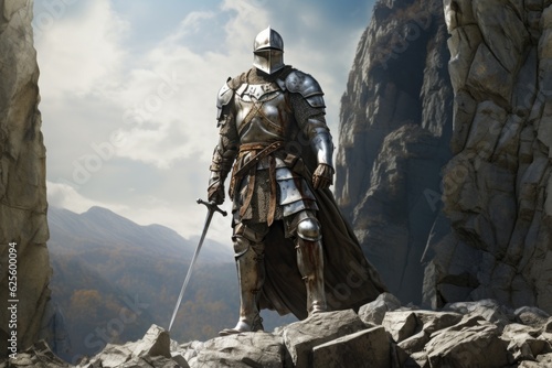 Billede på lærred Medieval knight in dark decorated armor with a sword stands on a rock on a sunny