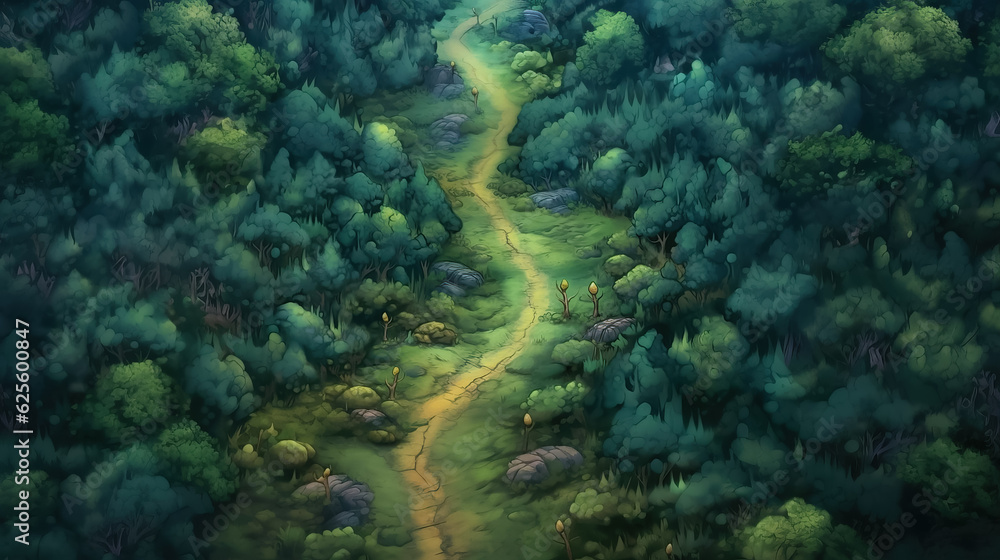 Aerial view of road in forest summer daytime digital painting by AI