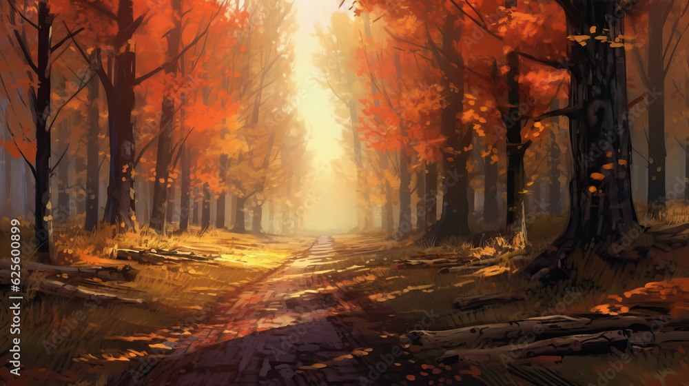 Fototapeta premium Road in forest daytime digital painting by AI