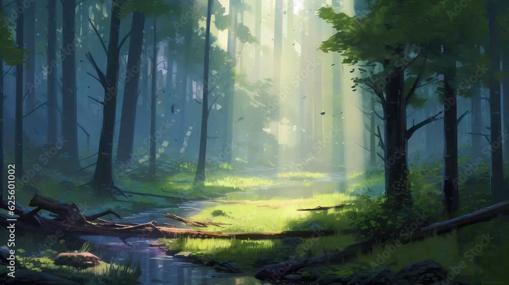 Road in forest morning digital painting by AI Road in forest morning digital painting by AI