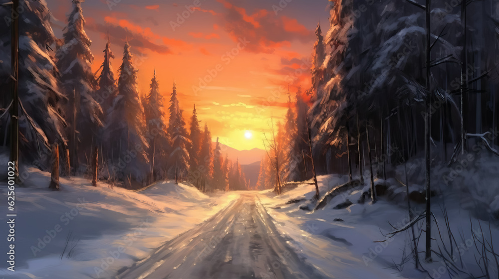 Road in forest winter digital painting by AI