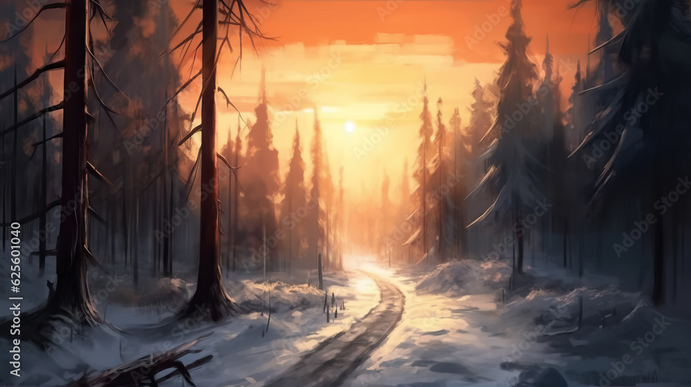 Road in forest winter digital painting by AI Road in forest winter digital painting by AI